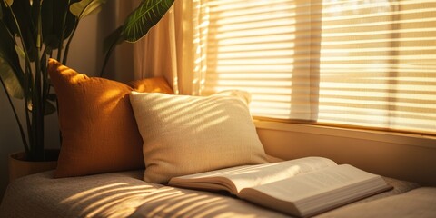 Poster - A book sitting on top of a pillow next to a window, perfect for a cozy reading nook or study area