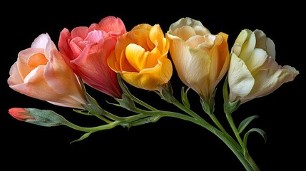 Poster - The close-up showcases stunning freesia flowers in vibrant hues of pink, yellow, and cream, emphasizing their elegant shapes and rich textures