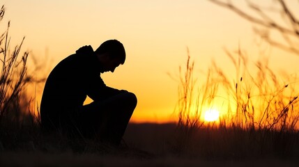 Poster - Young Man Contemplating Life at Sunset Surrounded by Grass : Generative AI