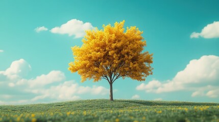 Poster - A single tree stands tall on a green hillside beneath a clear blue sky