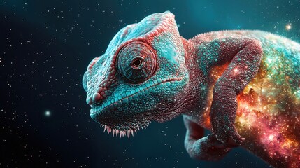 Poster - Galactic Chameleon Transformation, a whimsical doodle of a chameleon blending into vibrant galaxies, set against a minimalist backdrop with ample free space for imagination.
