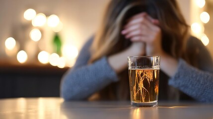 Poster - Woman with hands clasped over her face in distress with a glass of drink in front during a difficult moment : Generative AI