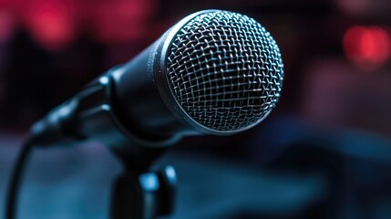 Poster - Close-up shot of a microphone placed on a stand, ready for use