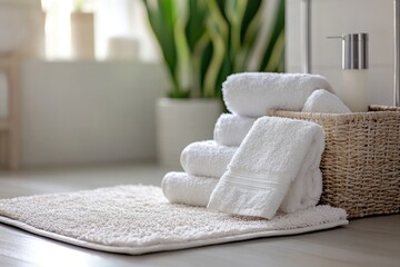 Poster - A pile of white towels sitting on top of a rug, perfect for bathroom or spa settings