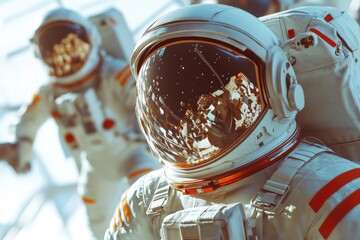Poster - Two astronauts wearing spacesuits stand together, ready for their mission