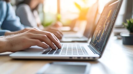 Fototapete - Closeup of hands typing on a laptop with financial data displayed on the screen in a bright office setting : Generative AI