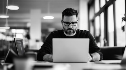 Fototapete - Focused man working on laptop in a modern office environment emphasizing productivity and technology in black and white : Generative AI
