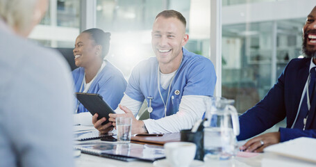 Aufkleber - Hospital, management and people in meeting with tablet, smile or planning healthcare funding in office. Teamwork, nurses or doctors in budget proposal workshop for medical collaboration with investor