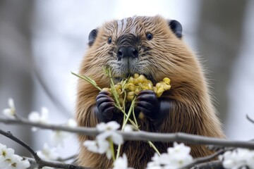 Poster - A beaver munching on flowers in a tree branch