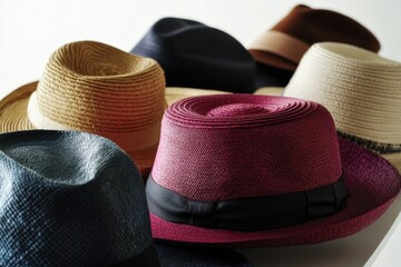 Poster - A collection of hats sitting on a table, perfect for still life photography or interior design use