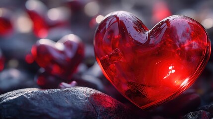 Poster - A red glass heart sits atop a pile of rocks, perfect for use in love-themed designs and projects