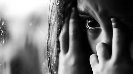 Aufkleber - Emotional Black and White Image of a Young Girl Covering Her Eyes with Tears : Generative AI