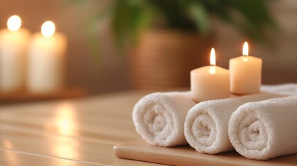 Aufkleber - Elegant arrangement of rolled towels and lit candles on a wooden spa table : Generative AI