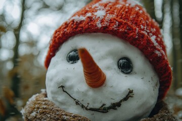 Wall Mural - A close-up shot of a snowman wearing a bright red hat, perfect for winter scenes or festive decorations