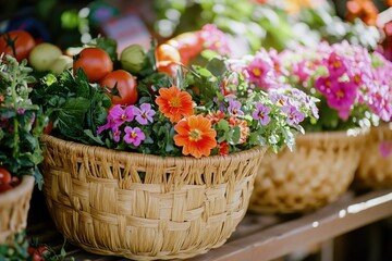 Poster - A row of baskets filled with various types of flowers