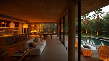 Wall Mural - Modern house interior with pool view at dusk. Possible use Stock photo for architecture, design, real estate