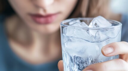 Aufkleber - A person holding a glass of ice water close to their face with a thoughtful expression : Generative AI