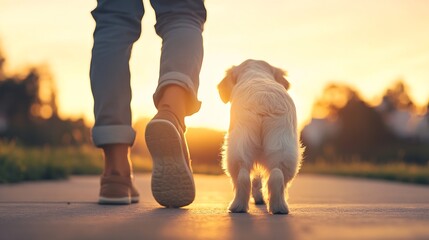 Poster - A person walking their small dog during sunset on a peaceful path in a warm golden light : Generative AI