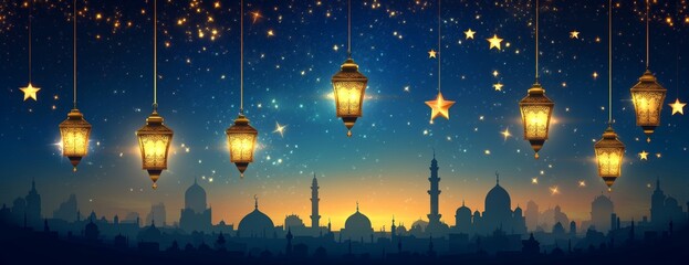 Poster - Festive lanterns, starry night, cityscape, Ramadan