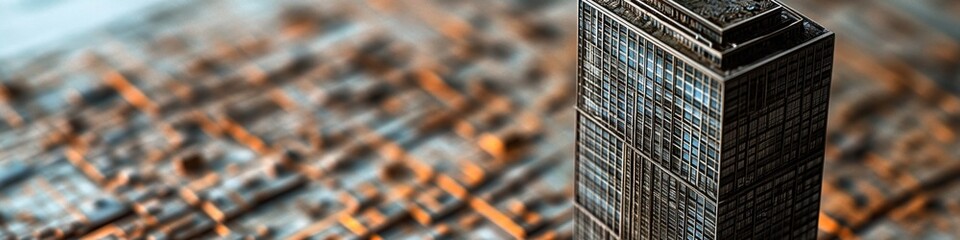 Poster - A modern skyscraper sits atop a wooden floor, providing an interesting juxtaposition between the two materials