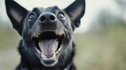 Poster - Charming black dog with a joyful expression showcasing excitement in a natural outdoor setting : Generative AI