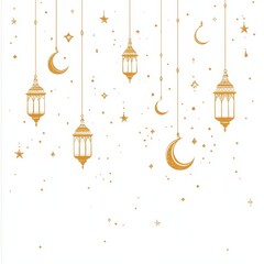 Poster - Golden Ramadan lanterns, moons, stars; white background; festive decor