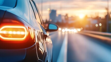 Aufkleber - Modern car with illuminated tail lights driving along a city street at sunset : Generative AI