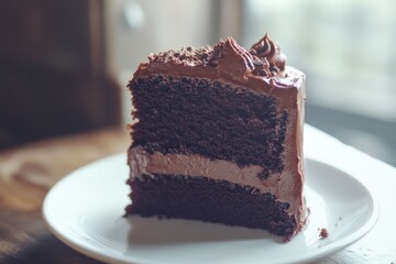 Poster - A slice of rich and moist chocolate cake served on a clean white plate, perfect for dessert or snack