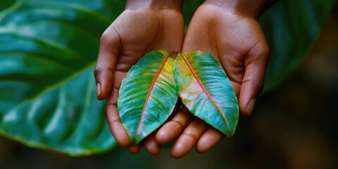 Poster - A person grasping a leaf in their hands