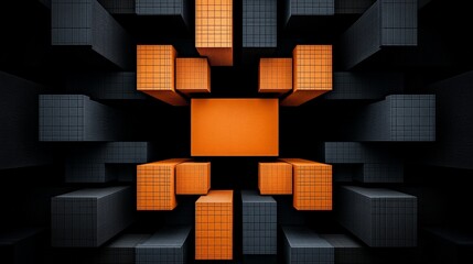 Poster - Abstract Cubes: Modern geometric arrangement of orange and gray cubes, creating a visually striking composition and representing contemporary design and digital concepts.