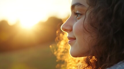 Poster - Side profile of a young woman with curly hair illuminated by warm sunset light : Generative AI