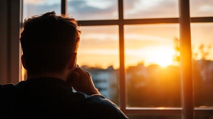 Poster - Silhouette of a Man Gazing Out of a Window Watching a Beautiful Sunset : Generative AI