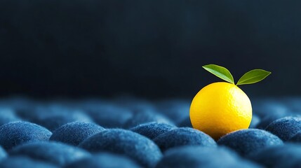 Poster - Vibrant yellow orange sitting on a textured blue background with fresh green leaves : Generative AI