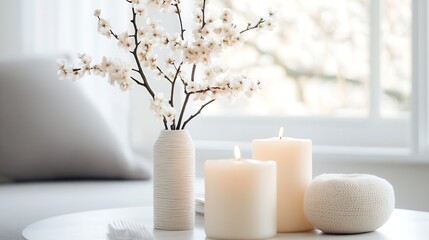 Leinwandbilder - Elegant home decor featuring flowers and candles on a table creating a warm and inviting atmosphere : Generative AI