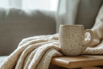Poster - A coffee cup sits on top of a wooden table, ready for use