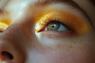 Poster - A close-up shot of a person's eye featuring yellow eye makeup, ideal for use in beauty and fashion contexts