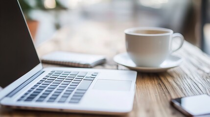 Poster - Cozy workspace with laptop coffee cup and smartphone on wooden table in bright cafe : Generative AI
