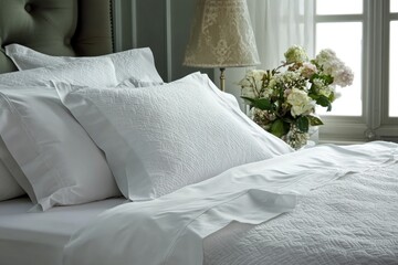Poster - A close-up view of a bed with crisp white sheets and plush pillows