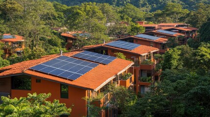 Poster - Group of houses with solar panels installed on their roofs, renewable energy source