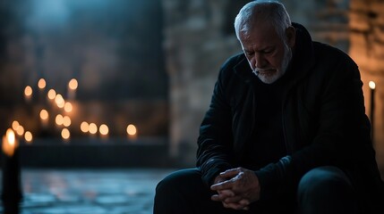 Poster - Pensive elderly man sitting in a dimly lit room surrounded by flickering candles : Generative AI