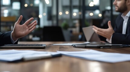 Fototapete - Business Meeting Discussion with Hands Gesturing on a Table in Modern Office : Generative AI