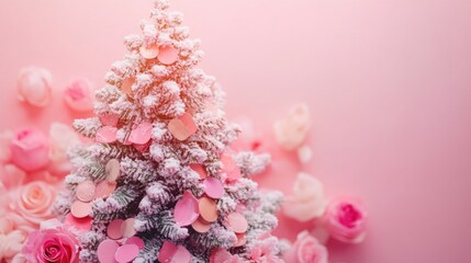 Poster - A small Christmas tree decorated with pink flowers on a pink background, perfect for holiday season decoration or gift wrapping