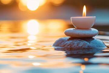 Poster - A lone candle sits atop a pile of rocks partially submerged in calm lake water