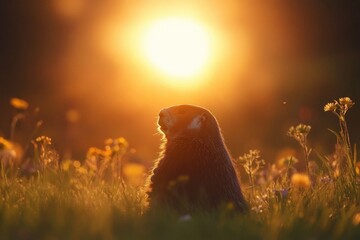 Poster - A groundhog sitting in a field during the sunset