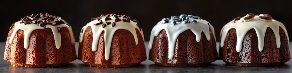 Poster - A row of chocolate bundt cakes with white icing and chocolate sprinkles