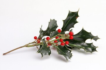 Poster - A branch of holly with bright red berries against a clean white background