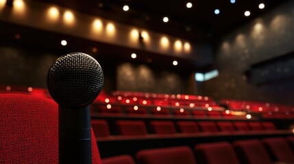 Aufkleber - A single microphone sitting on top of a bright red chair, suitable for use as a prop or in a still life image