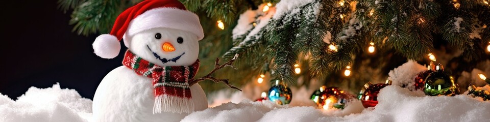 Poster - A winter scene featuring a snowman wearing a red hat and scarf