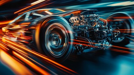Poster - High-Speed Racing Car with Motion Blur and Vibrant Light Effects