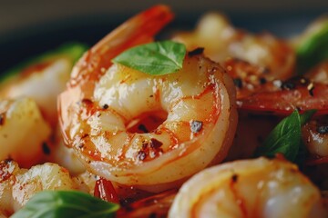 Poster - A close-up shot of a plate of food with succulent shrimp, perfect for culinary or restaurant use